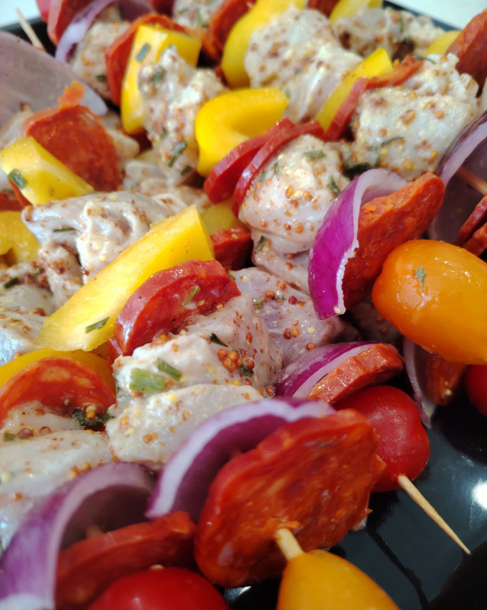 Brochette de loup / Chorizo / Moutarde à l'ancienne - Pièce