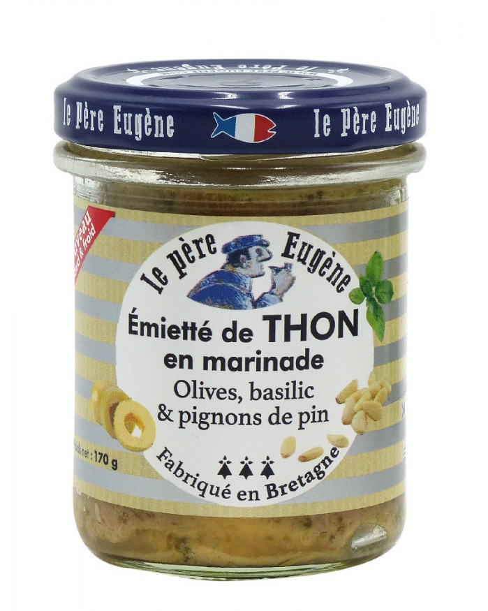 Émietté de thon, olives, basilic et pignons de pin